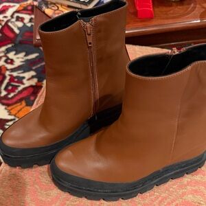 EQUITARE Brown Leather Hidden Wedge Booties with Black Chunky Platform 37